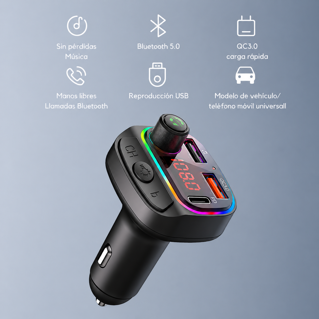 Transmisor FM Bluetooth 5.0 con carga rápida QC 3.0 y luces LED