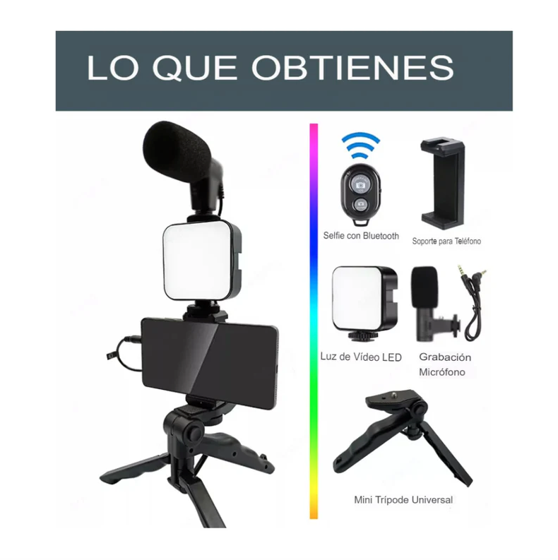 Kit Trípode Todo en Uno – Luz LED y Micrófono – Contenido Profesional al Instante