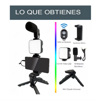 Kit Trípode Todo en Uno – Luz LED y Micrófono – Contenido Profesional al Instante