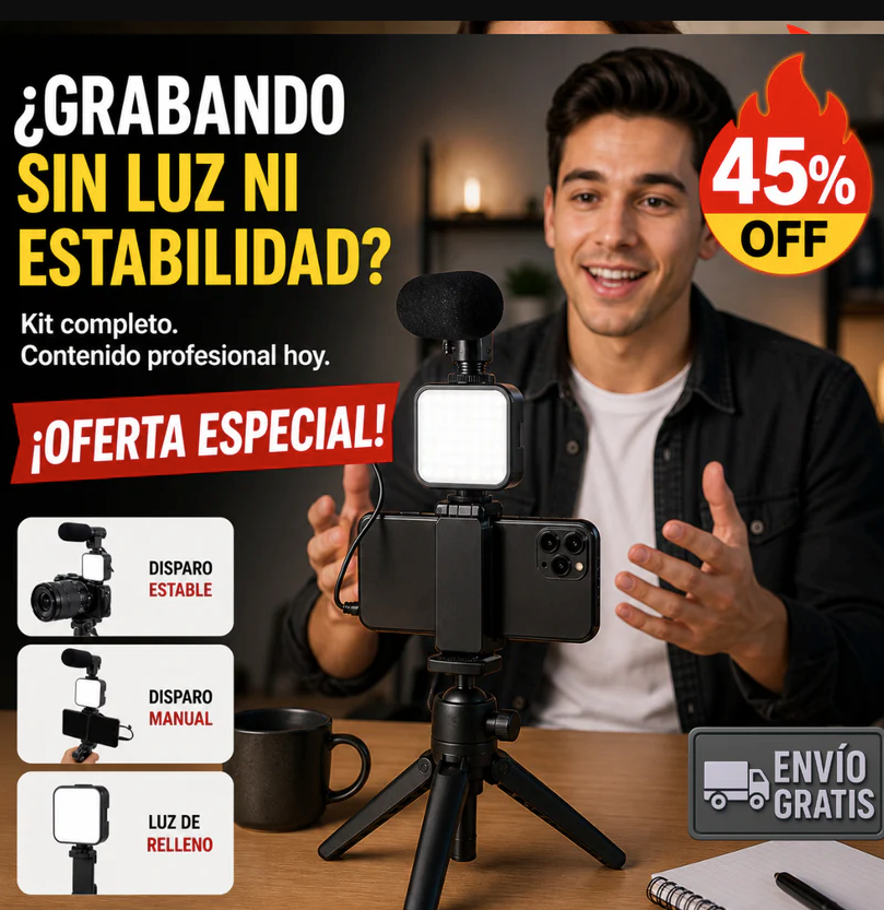 Kit Trípode Todo en Uno – Luz LED y Micrófono – Contenido Profesional al Instante