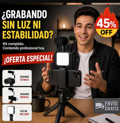 Kit Trípode Todo en Uno – Luz LED y Micrófono – Contenido Profesional al Instante