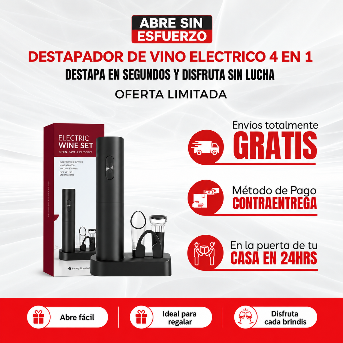 Destapador de vino electrico 4 en 1 – Destapa en Segundos y Disfruta sin Lucha