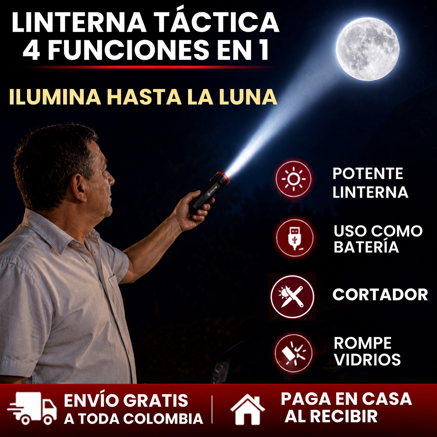 Linterna Táctica 4 en 1 Recargable - Iluminación Potente en Cualquier Situación