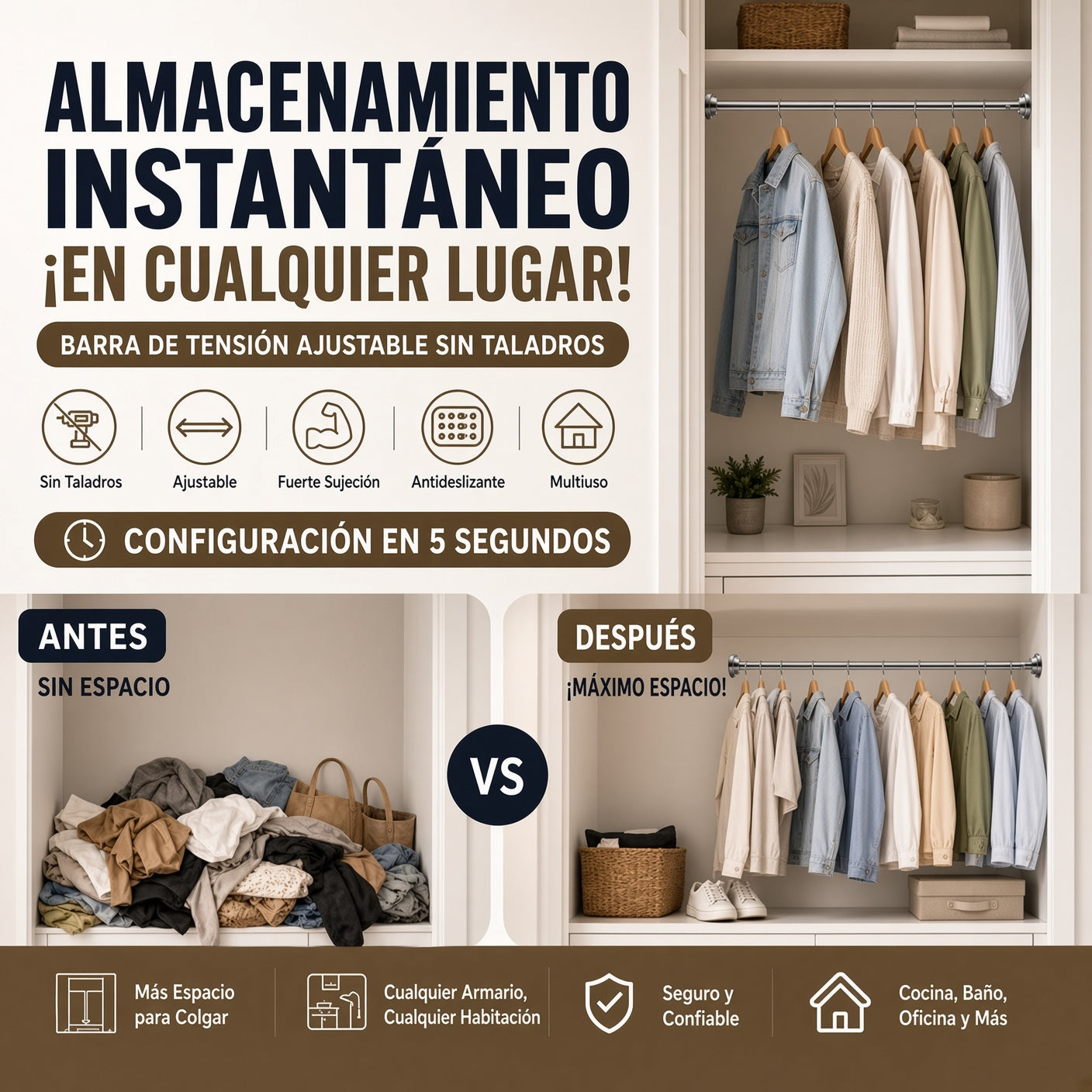🛠️🚫 Barra de Tensión Ajustable – Instalación en Segundos Sin Taladrar, Almacenamiento Inteligente para el Hogar 🏠✨
