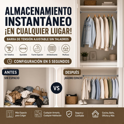 🛠️🚫 Barra de Tensión Ajustable – Instalación en Segundos Sin Taladrar, Almacenamiento Inteligente para el Hogar 🏠✨