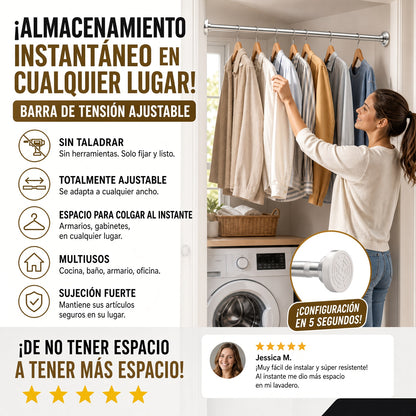 🛠️🚫 Barra de Tensión Ajustable – Instalación en Segundos Sin Taladrar, Almacenamiento Inteligente para el Hogar 🏠✨