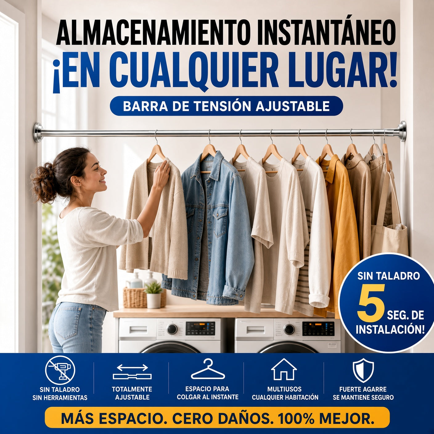 🛠️🚫 Barra de Tensión Ajustable – Instalación en Segundos Sin Taladrar, Almacenamiento Inteligente para el Hogar 🏠✨