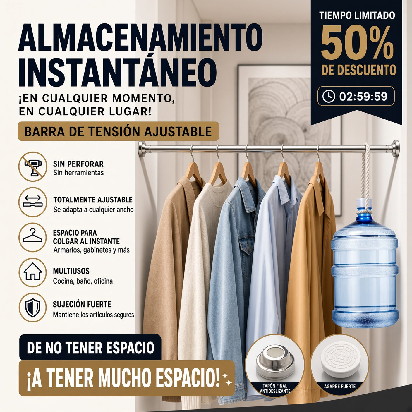🛠️🚫 Barra de Tensión Ajustable – Instalación en Segundos Sin Taladrar, Almacenamiento Inteligente para el Hogar 🏠✨