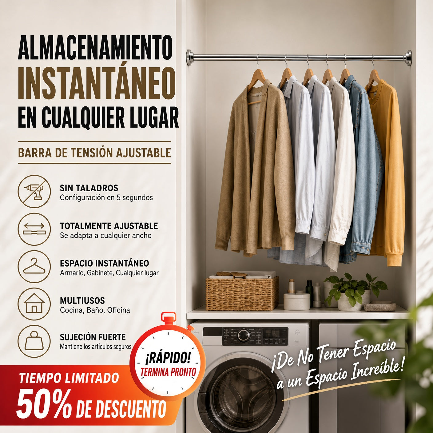 🛠️🚫 Barra de Tensión Ajustable – Instalación en Segundos Sin Taladrar, Almacenamiento Inteligente para el Hogar 🏠✨